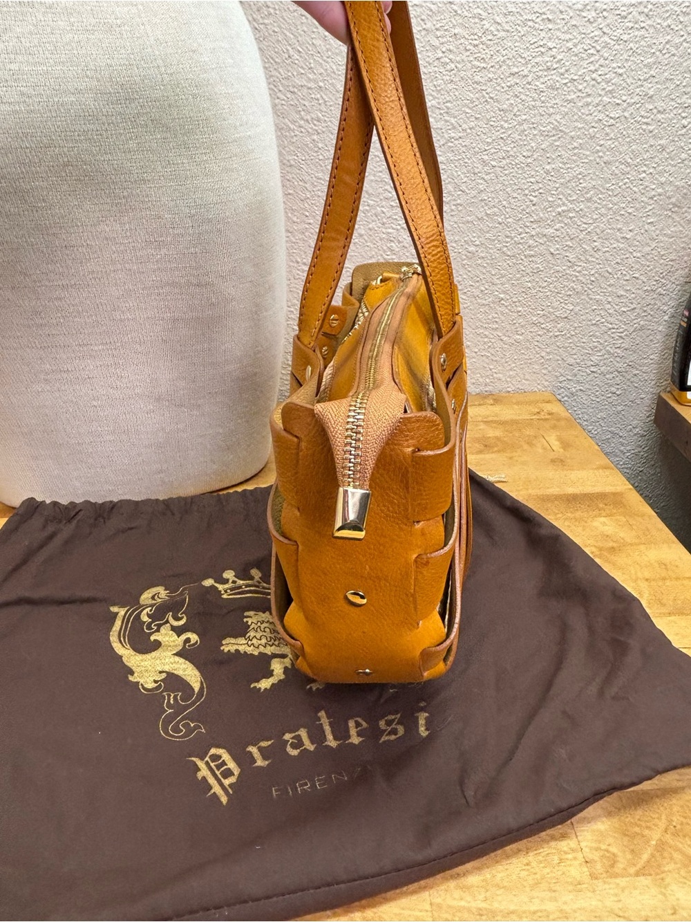 Pratesi Firenze Italian Leather Straw Fan Cage Satchel Shoulder Bag Yellow - Picture 6 of 15